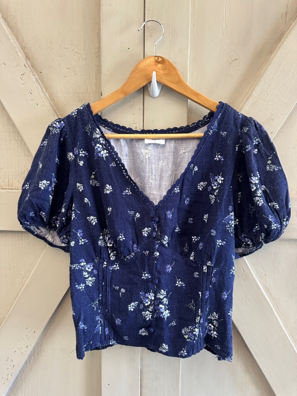 Sienna Sky Navy Floral Puff Sleeve Corset Top Size L Cottagecore